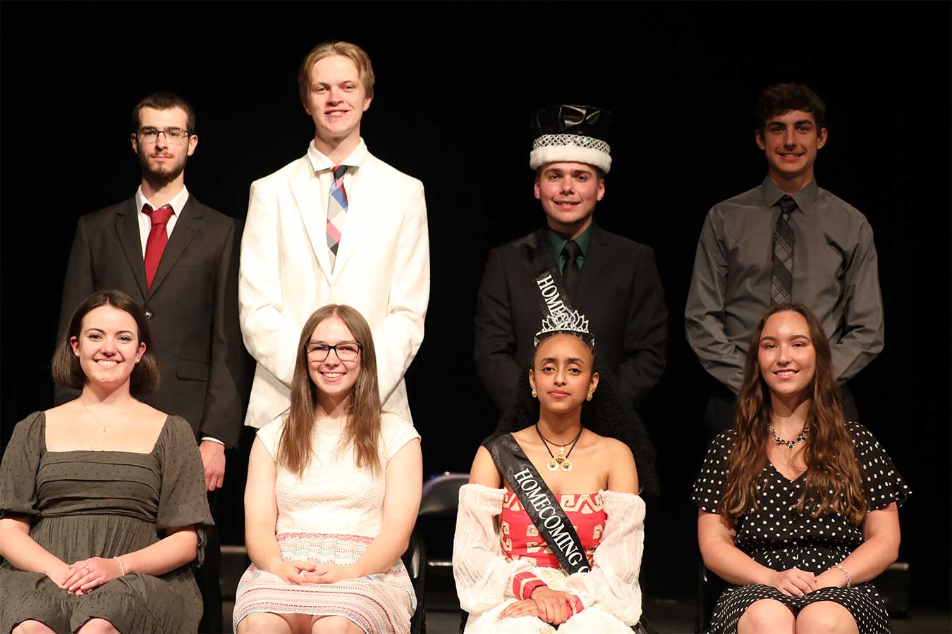 DSU Homecoming Court - Back row: Santiago Colla, Casey Te Grotenhuis, Tyler Thomas, and Cody Farland; Front row: Alexandra Smith, Casey Olson, Blen Asgedom, and Kalani Mangin.